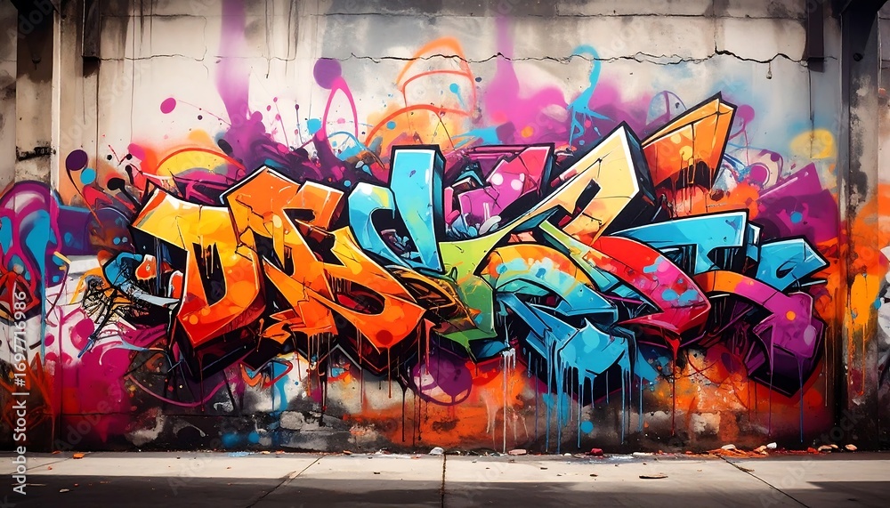 Naklejka premium Vibrant graffiti mural on a textured wall