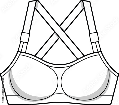 Fashion flat sketch of a women's sports bra with criss-cross straps and molded cups apparel clothing