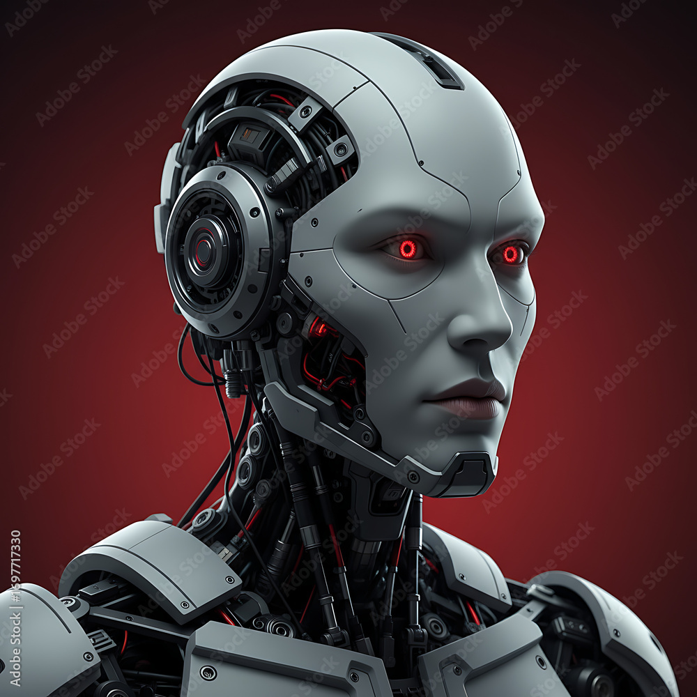 Fototapeta premium Futuristic android with glowing red eyes and intricate mechanical details represents AI and advanced technology