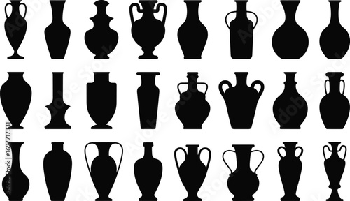 Ancient vase silhouette collection, black pottery shapes, antique ceramic jars, Greek amphora vector, decorative pottery icons, classic vessel design