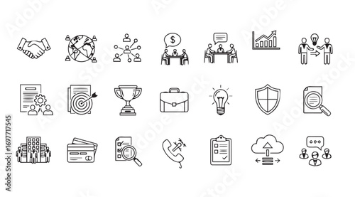 Collection of business and finance icons in a distinctive silhouette style
