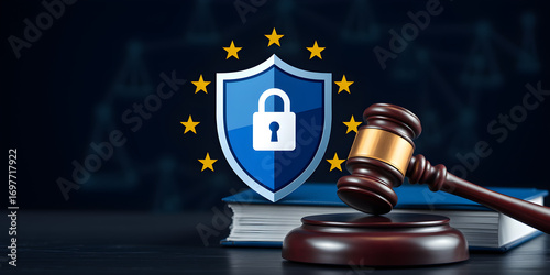 Includes gavel, legal books representing justice, regulation, emphasizing cyber governance, network. European Cyber Resilience Act with shield icon, padlock EU data protection, digital security laws. 