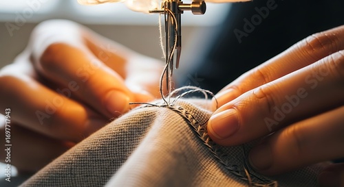 Close-up shot of a tailor's hands guiding fabric through a sewing machine, detailing the process of stitching and garment creation