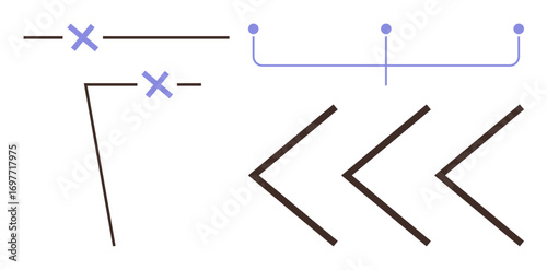 Minimalist design with straight lines, crosses, curved connectors, and angled arrows in geometric arrangement. Ideal for direction, process, strategy, planning, communication organization abstract