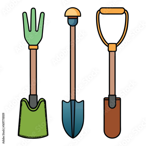 Illustrative set of isolated gardening tools rake, trowel, and shovel on a white background