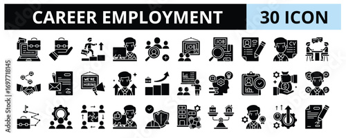 30 Career Employment Glyph Icons Vector - Career Path, Contract, Job Opportunities, Resume, Advancement, Networking, Skill Development, Benefit