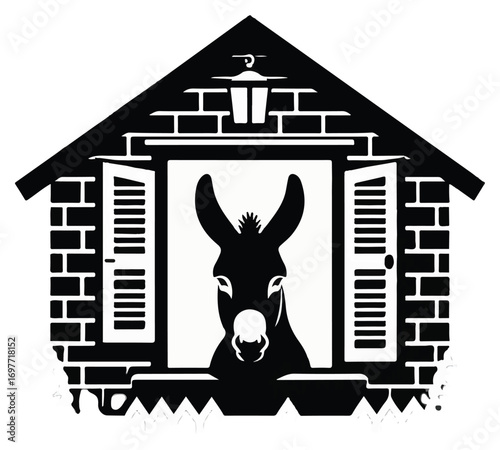 Silhouette of a donkey looking out of a window in a brick house with shutters.