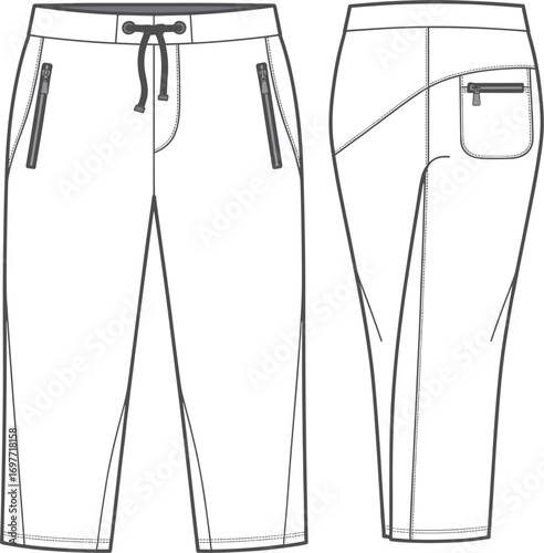 Fashion flat sketch of white cropped sweatpants with zippered pockets front and back trousers capri
