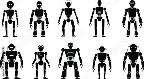 Black robot silhouettes, futuristic android designs, humanoid robot icons, mechanical figures, technology vector illustration, robot shapes collection, AI and automation