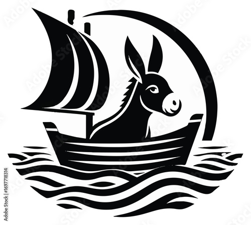 A black and white graphic of a donkey sailing in a small boat on stylized waves.