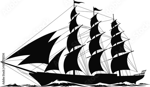 Black silhouette of a majestic sailing ship with multiple sails, tall ship on ocean waves, vintage nautical vessel, maritime vector art