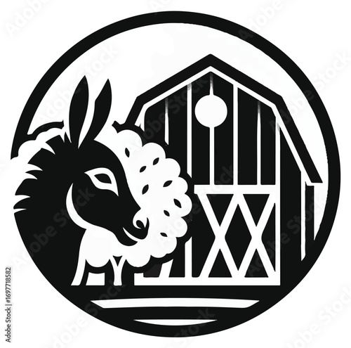 A black and white circular graphic featuring a donkey and a barn, symbolizing farm life and agriculture.