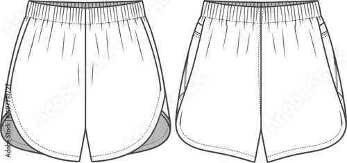 Fashion flat sketches of athletic shorts front and back views running shorts sports shorts