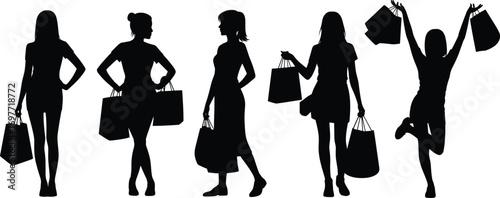 Black silhouettes of women shopping, carrying shopping bags, happy shoppers, fashion lifestyle, retail therapy, consumer behavior, shopping spree, vector isolated