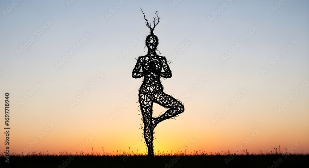 Obraz premium Tangled vines silhouette shaped like yoga posture under soft sunrise hues, minimalist, ultra-detailed, crisp edges, noise-free, natural lighting, no humans