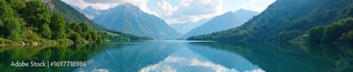 Serene mountain lake reflecting the majestic peaks, surrounded by lush green trees and tranquil waters Perfect for travel, nature, and environmental projects , mountain lake, trees, serene