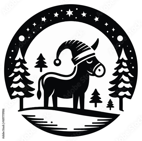 A stylized black and white illustration of a donkey wearing a Christmas hat, nestled in a snowy forest scene.