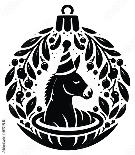 A black and white graphic of a donkey wearing a party hat inside a festive Christmas ornament wreath.