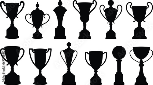 Collection of black trophy silhouettes, award icons, championship cups, victory symbols, prize shapes, achievement trophies, sports award vector illustration
