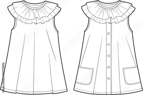 Front and back view of a white sleeveless baby doll dress with ruffled collar and button front clothing