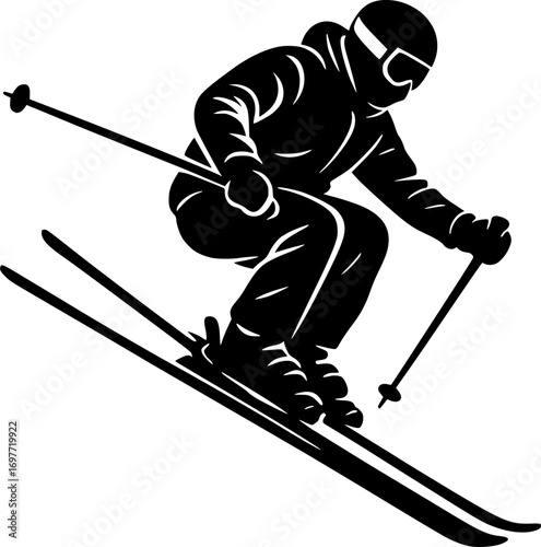 Minimal black and white vector of a skier mid-air, clean poster-style design, perfect for winter sports graphics, action illustrations, and dynamic skiing posters