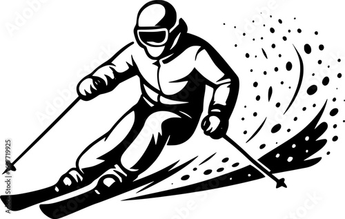 Minimal black and white vector of a skier kicking up snow spray, clean silhouette design, perfect for winter sports graphics, posters, and dynamic action illustrations