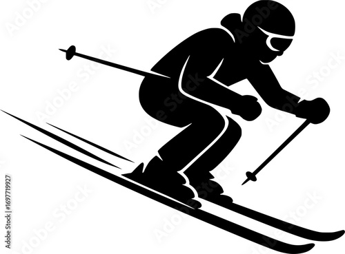 Minimal black and white vector of a skier at high speed, dynamic silhouette design, perfect for winter sports graphics, posters, and action-packed skiing illustrations.