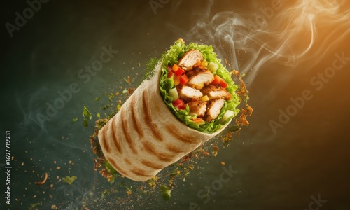 Dynamic grilled chicken wrap with fresh lettuce, peppers, and chicken pieces flying