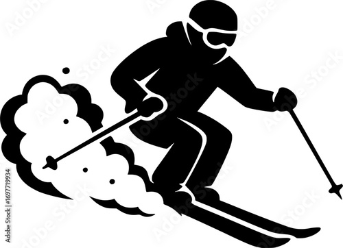 Minimal black and white vector silhouette of a skier skiing through powder snow, clean design, perfect for winter sports graphics, posters, and alpine adventure illustrations.