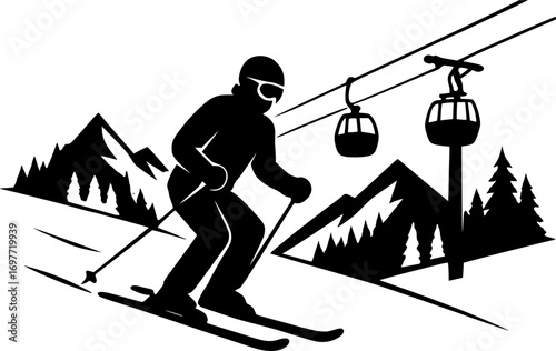 Black and white minimal vector silhouette of a skier at a ski resort, clean winter sports illustration for posters, prints, and graphic design