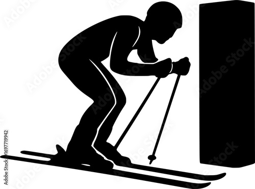 Minimal black and white vector silhouette of a skier preparing to start a race, clean design, perfect for winter sports graphics, competition posters, and alpine illustrations.