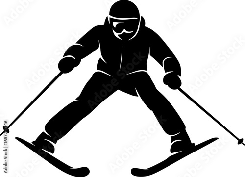 Minimal monochrome vector of a skier with a wide stance, clean black and white design, perfect for winter sports graphics, posters, and minimalist illustrations