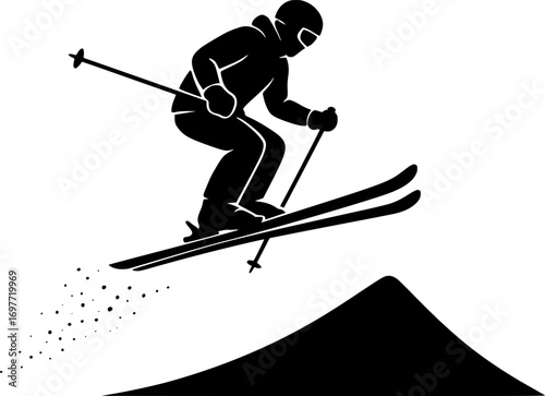Minimal black and white vector silhouette of a skier jumping off a snow ramp, clean minimalist design, perfect for winter sports posters, graphics, and action illustrations.