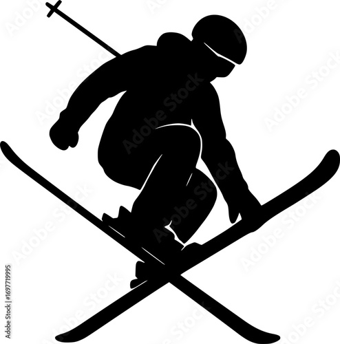 Monochrome vector silhouette of a skier performing a stylish grab trick in mid-air, minimal clean design, perfect for winter sports graphics, posters, and extreme action themes