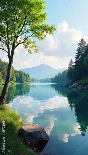 Serene lakeside view, perfect for a relaxing afternoon of leisure Calm water reflects the tranquil sky, ideal for peaceful contemplation or quiet enjoyment , clouds, escape