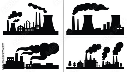 Factory pollution silhouette with smoke emissions, industrial pollution, environmental hazard, toxic air, factory chimneys, pollution problem, industrial impact, environmental damage