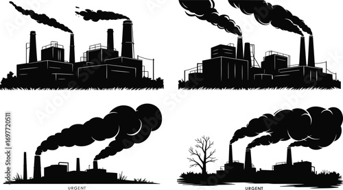 Industrial factory silhouette with pollution smoke, environmental hazard, air pollution concept, toxic emissions, factory chimneys, environmental impact, urgent pollution problem
