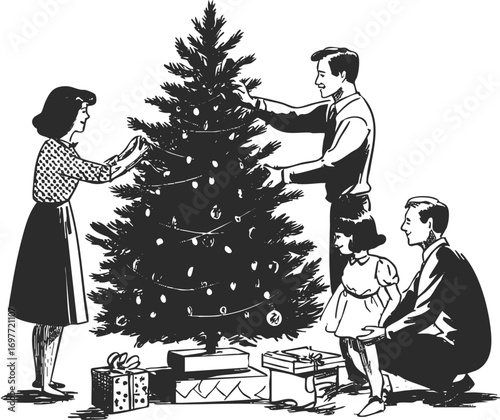 Crayon black and white illustration of family decorating Christmas tree with children. Retro sketch style with gifts.