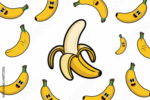 Cheerful Cartoon Bananas Background: A delightful pattern featuring happy banana characters, perfect for playful designs, food-related projects, or adding a touch of whimsical charm.