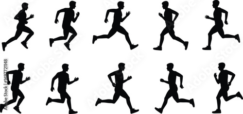 Running man silhouette vector set, athlete jogging icons, sporty male runner poses, black fitness activity shapes for motion design