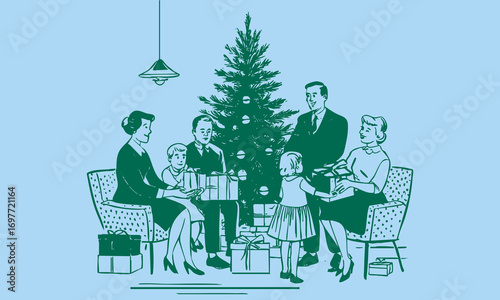 Retro crayon style illustration of family exchanging Christmas gifts near decorated tree, festive vintage sketch design in monochrome color.