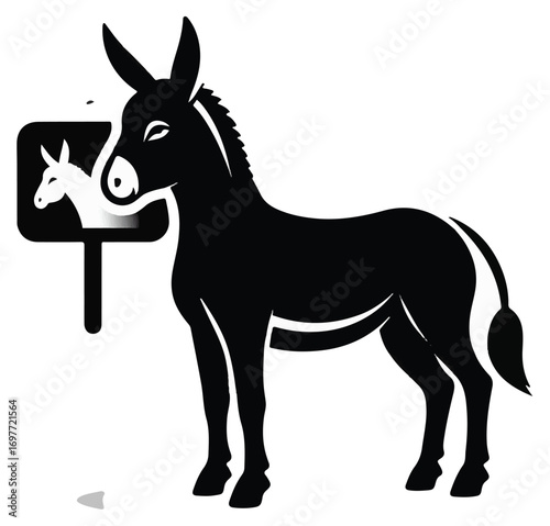 A black donkey silhouette looks at a sign or mirror reflecting a smaller, younger white version of itself.