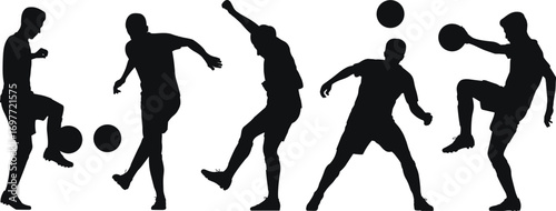 Silhouette of soccer players performing various actions, kicking, juggling, passing, controlling ball, football motion vector illustration for sports design