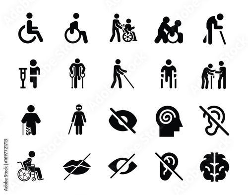 Vector pack of disability icons, including accessibility symbols, assistive devices, wheelchair icons, hearing and visual impairment symbols, and inclusive design elements. Perfect for websites, apps