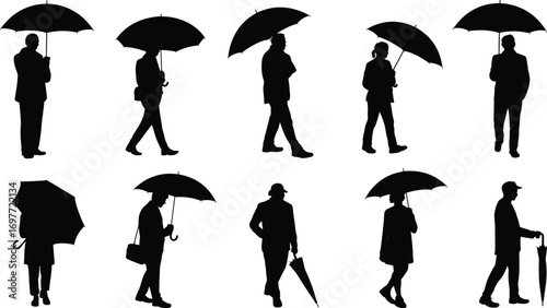 Silhouettes of diverse people holding umbrellas, walking and standing in various poses, rainy weather, protection, urban lifestyle, rainy day scene, outdoors