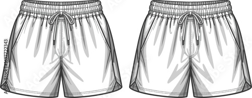 Front and back view of white drawstring athletic shorts with elastic waistband and side pockets clothing