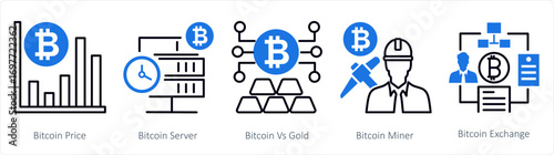 A set of 5 mix icons as bitcoin price, bitcoin server, bitcoin vs gold