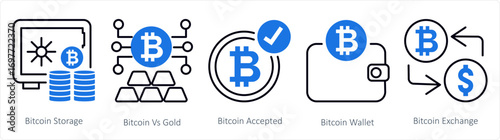 A set of 5 mix icons as bitcoin storage, bitcoin vs gold, bitcoin accepted