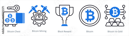 A set of 5 mix icons as bitcoin chest, bitcoin mining, block reward