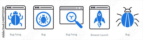 A set of 5 mix icons as bug fixing, bug, browser launch